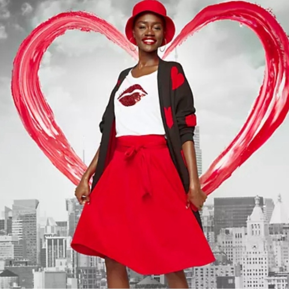 New York and Company red scuba A-line midi skirt